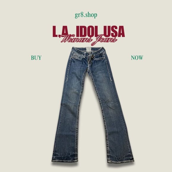 L.A. Idol USA Womens Bootcut Denim Jeans With Rhinestone Pockets Size 5 - Picture 1 of 5